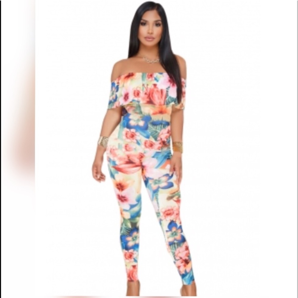 Coral Blue Floral Ruffle Off Shoulder Jumpsuit
